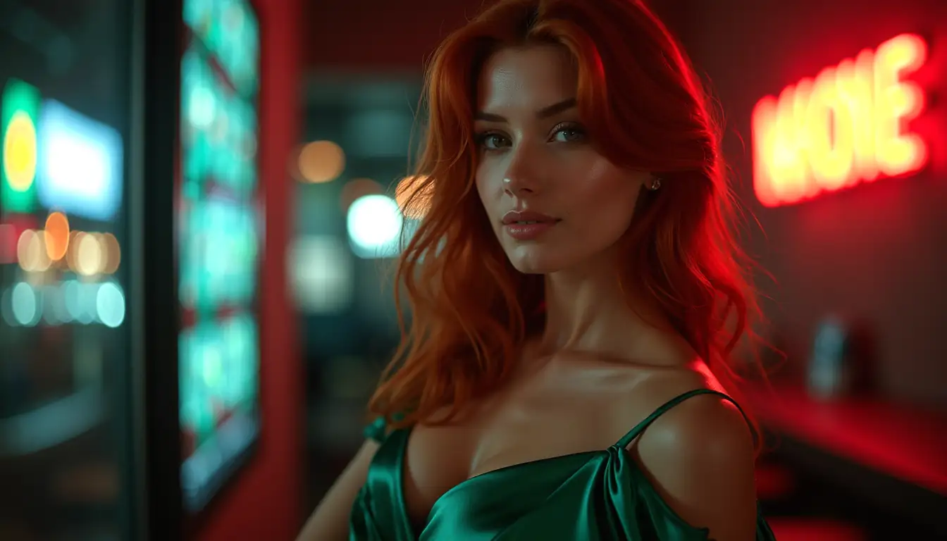 Red-haired woman smiling in Brisbane night setting with luxury online casino mood