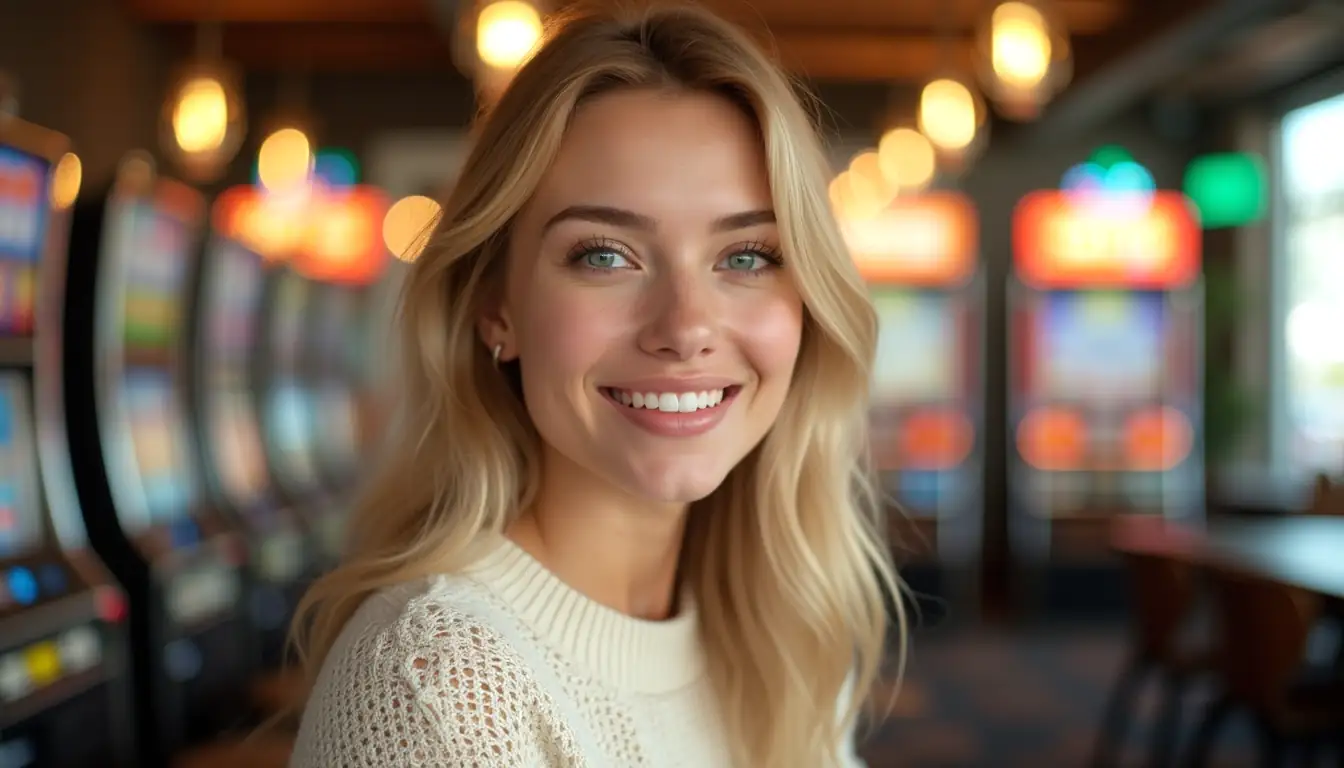 Blonde woman with inviting smile in bright Melbourne loft and online pokies ambiance