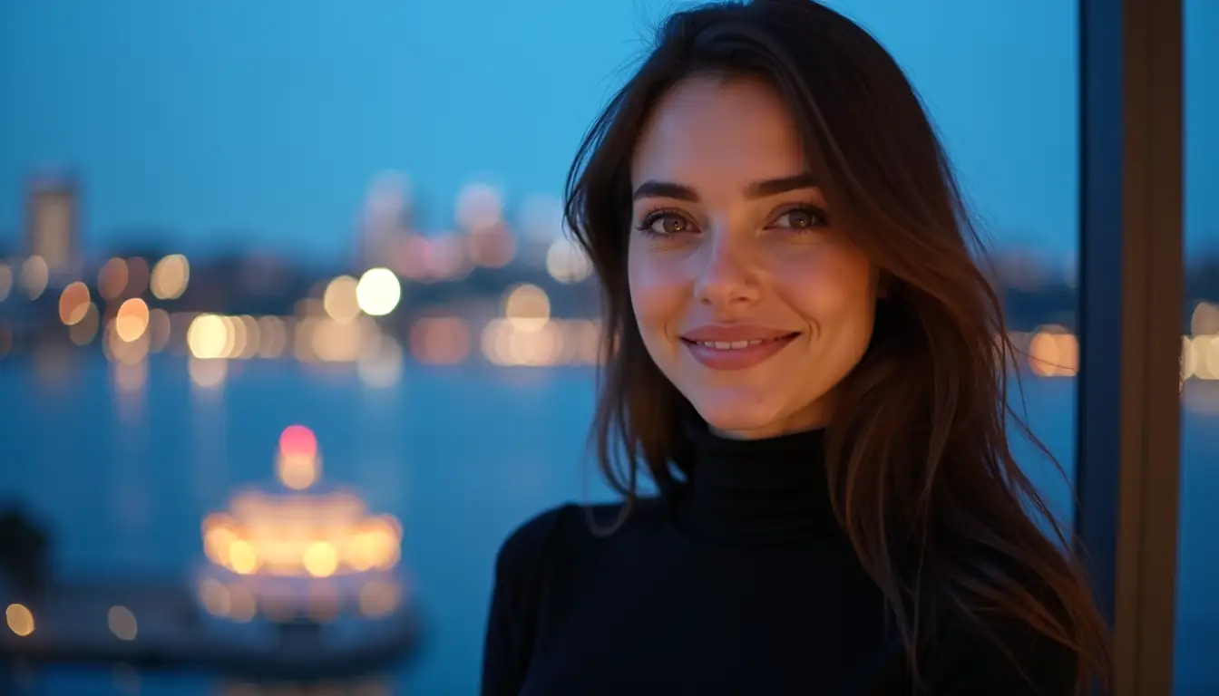 Smiling woman in evening Sydney apartment with Syndicate-style online lobby ambiance